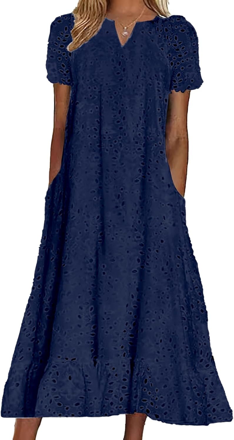 chouyatou Women Summer Ruffle Hem Floral Lace Eyelet Dress Casual Notch Neck Midi Tunic Dress with Pocket