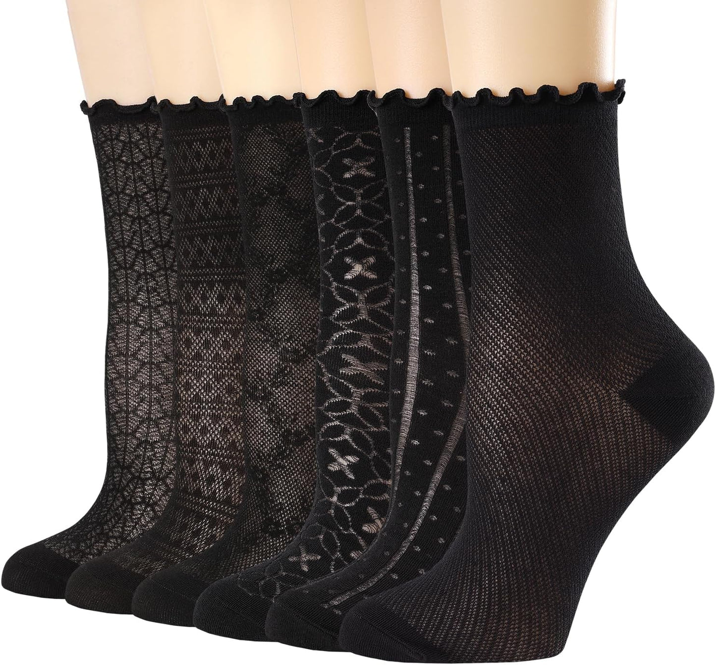 Mcool Mary Women's Ruffle Socks Mesh Casual Lace Cotton Ankle Ultra Thin Frilly Crew Socks for Women 6 Pairs