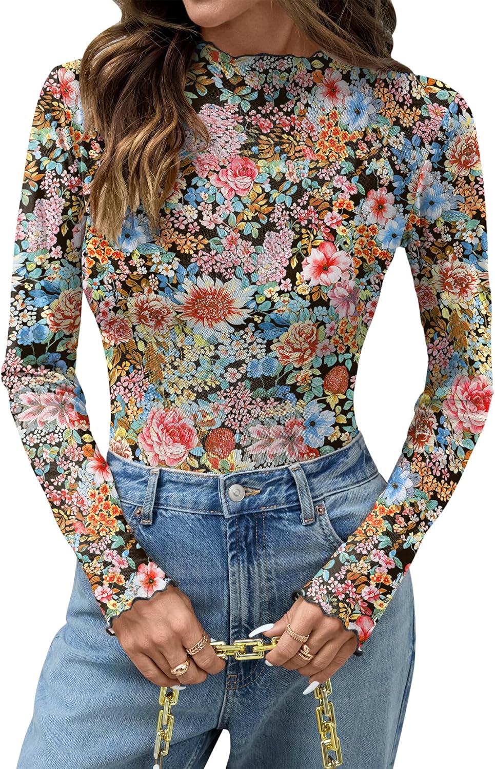 KTILG Womens Mesh Long Sleeve Top Sheer Blouse Sexy See Through Tee Shirt Lace Tops S-XXL