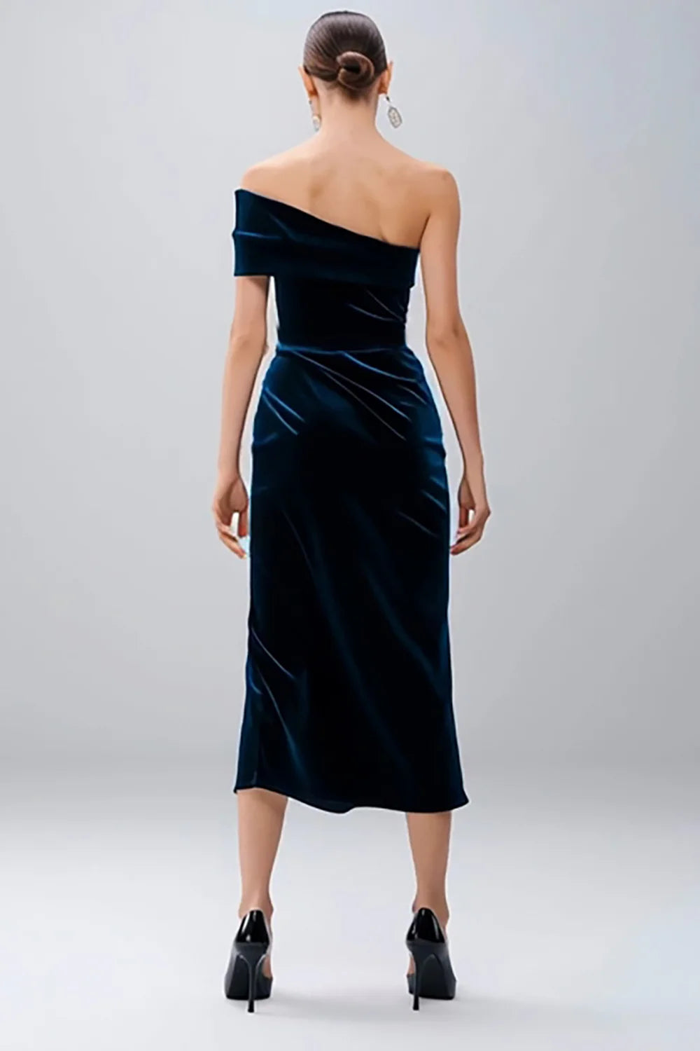 Navy Velvet Sheath Midi Holiday Party Dress with Slit
