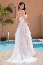 White A Line Strapless Corset Wedding Dress with Applique Lace