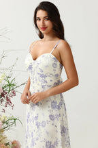 Spaghetti Straps Blue Floral Long Bridesmaid Dress