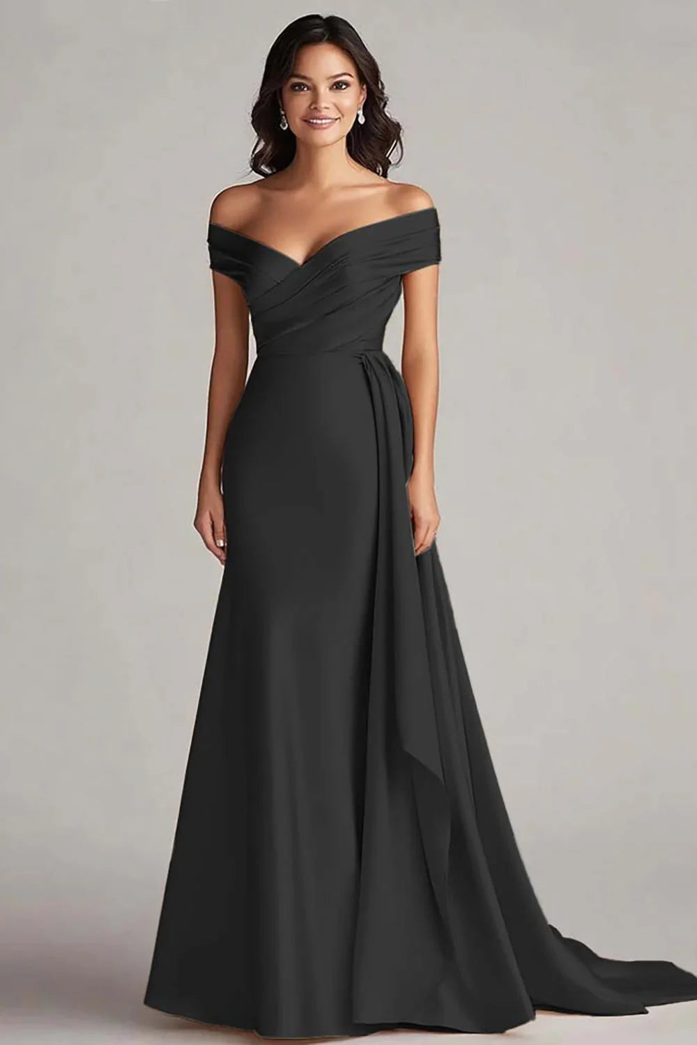 Champagne Satin Off the Shoulder Mermaid Long Formal Dress