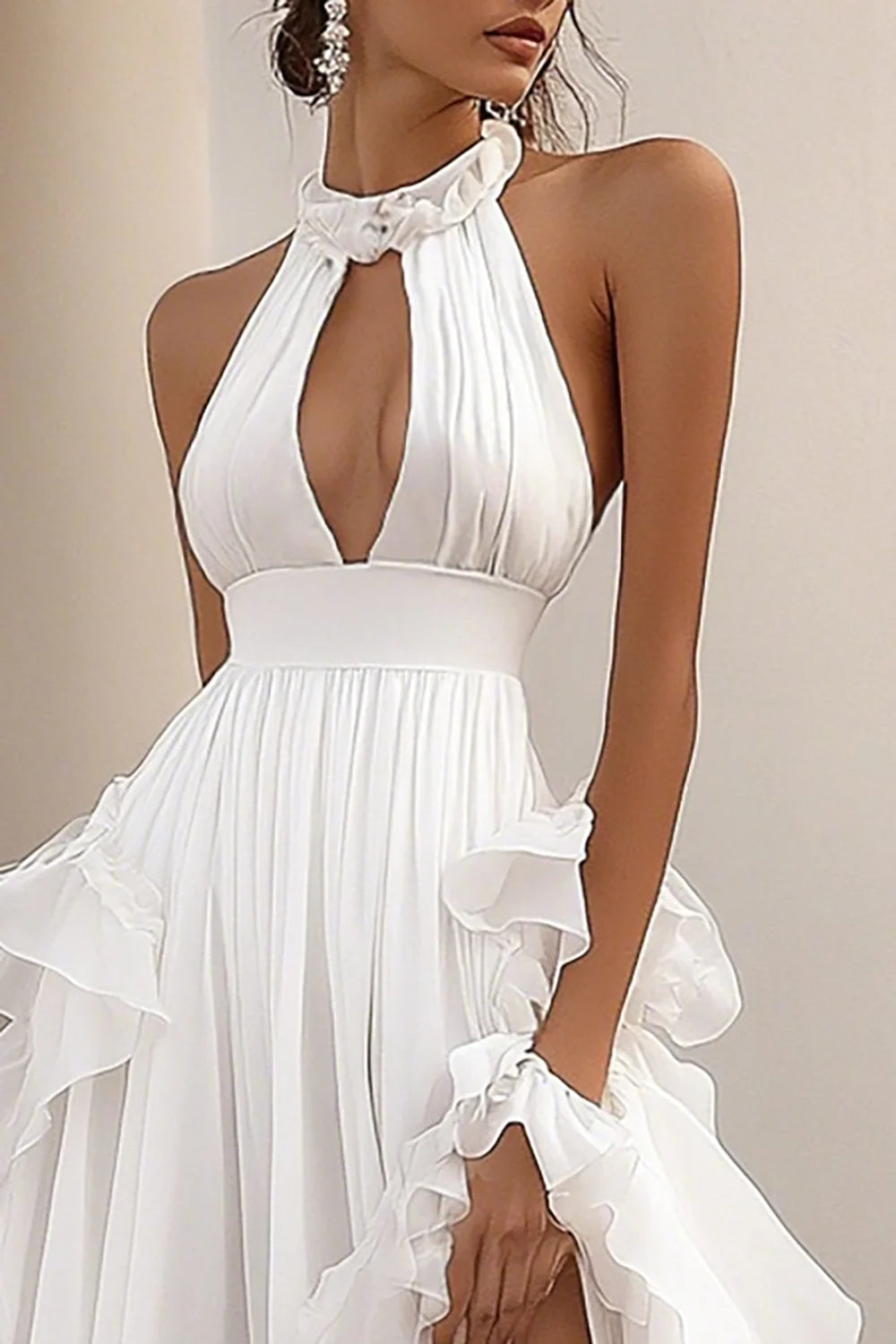 A Line White Satin Keyhole Long Rehearsal Dinner Dress with Slit