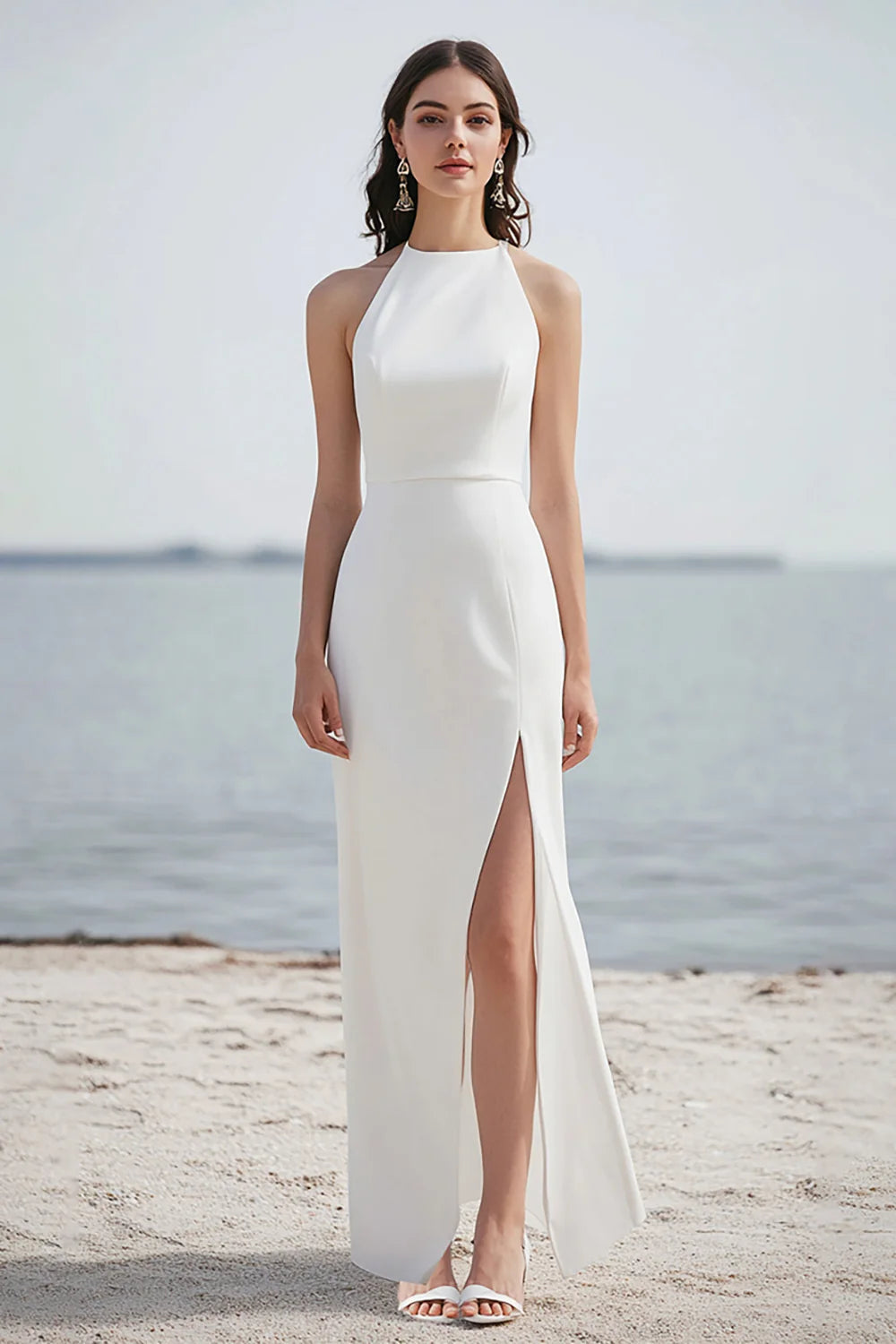 Satin Sheath Halter Ivory Maxi Rehearsal Dinner Dress with Slit