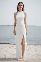 Satin Sheath Halter Ivory Maxi Rehearsal Dinner Dress with Slit