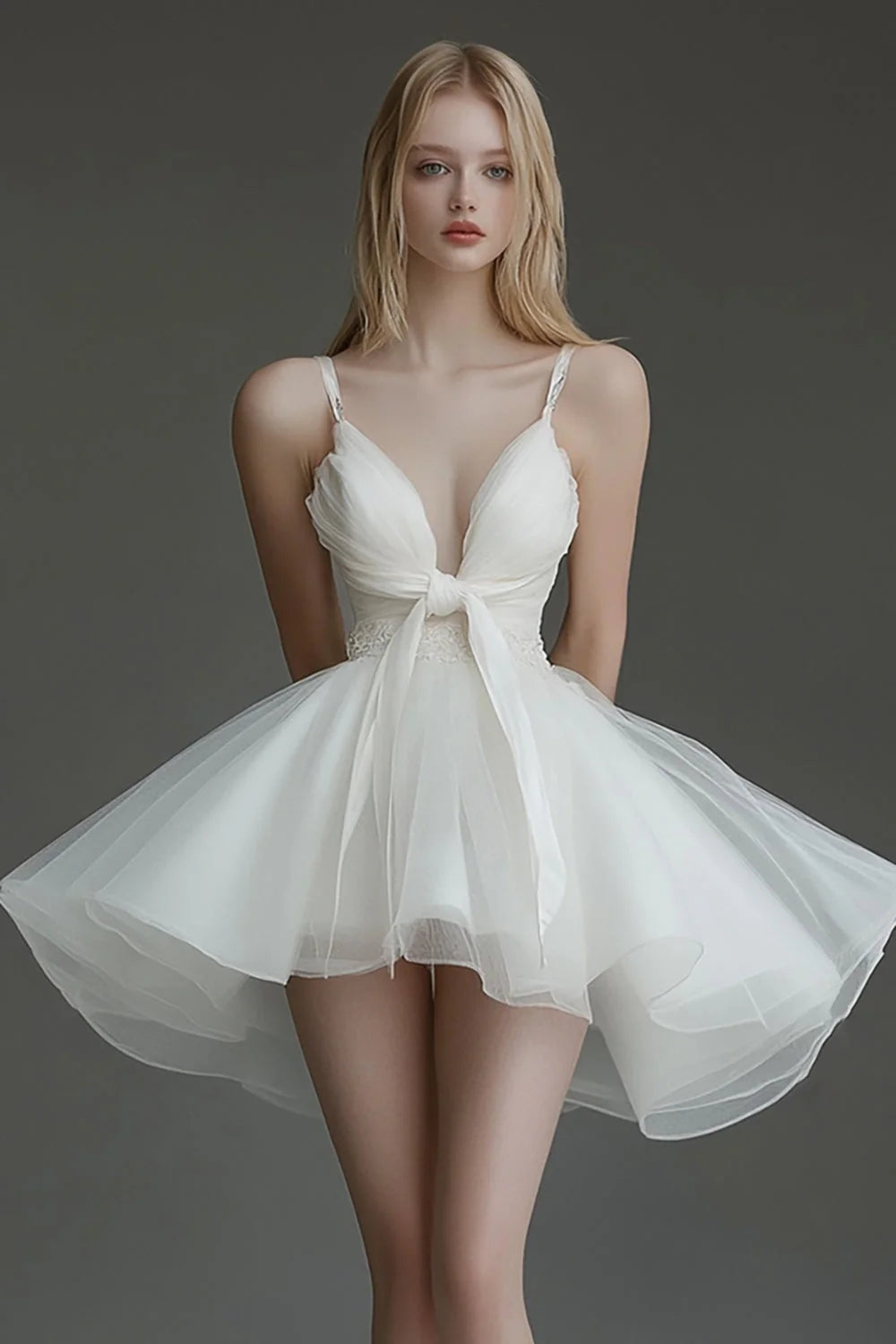 Ivory A Line Organza V Neck Short Graduation Dress