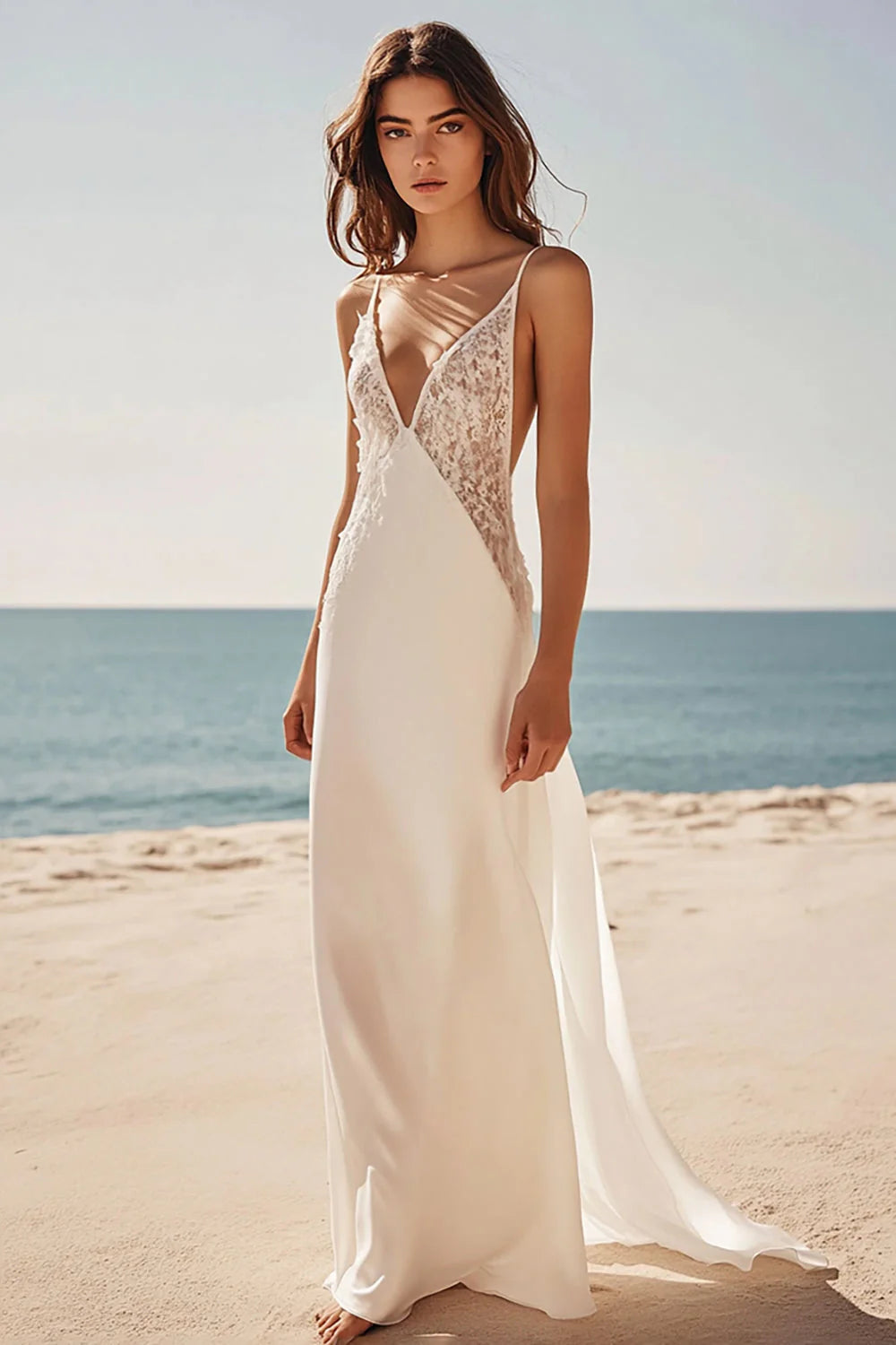 White Sheath Deep V-Neck Long Engagement Dress with Lace