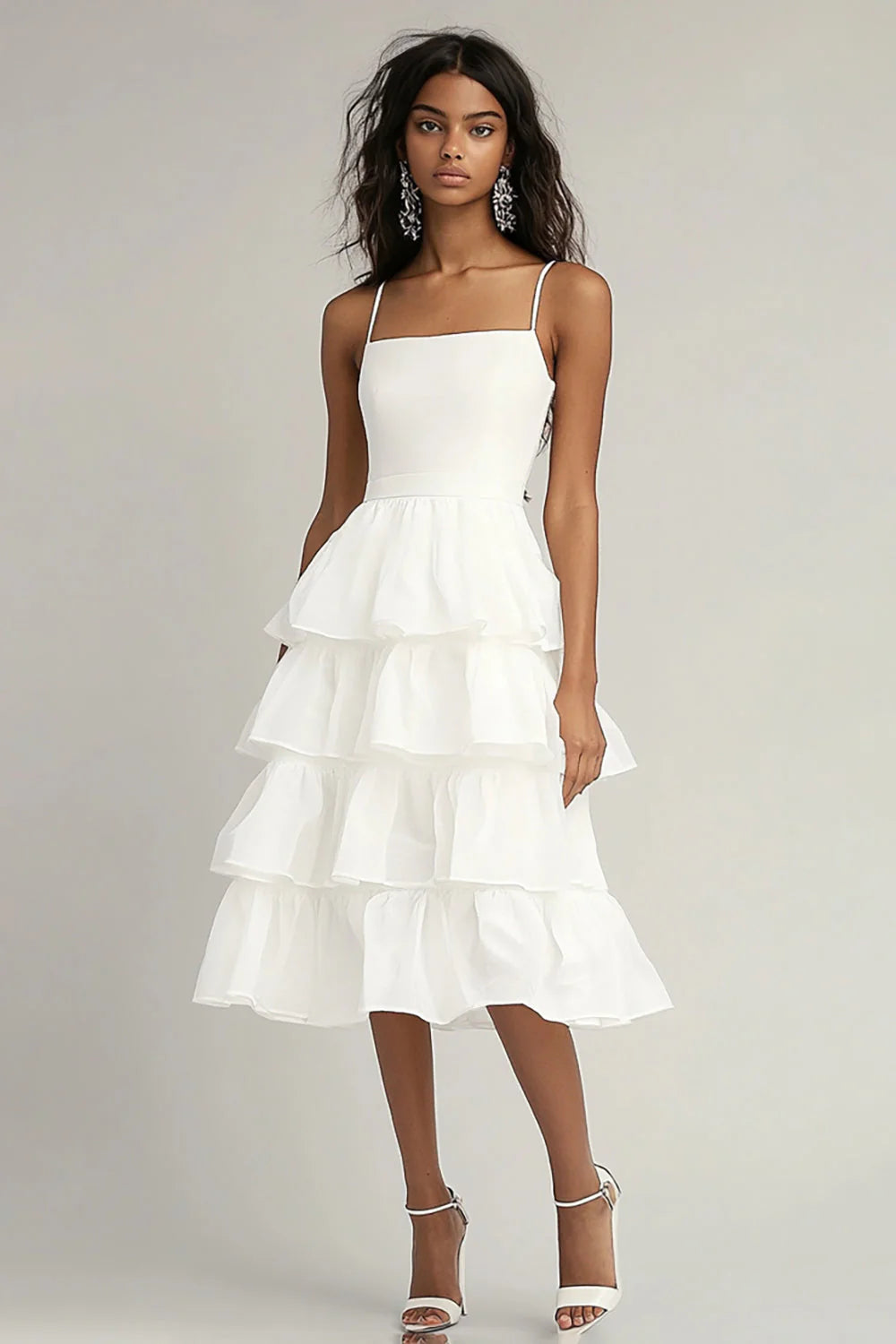 Ivory Square Neck A Line Midi Graduation Dress with Ruffles