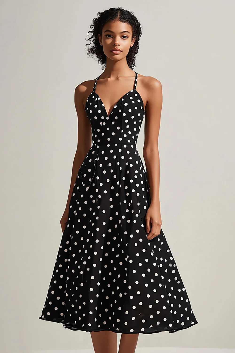 A Line Black and White Boho Chiffon Spaghetti Straps Midi Polka Dot Dress