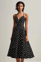 A Line Black and White Boho Chiffon Spaghetti Straps Midi Polka Dot Dress