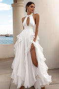 A Line White Satin Keyhole Long Rehearsal Dinner Dress with Slit