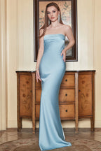 Grey Blue Strapless Sheath Long Prom Dress