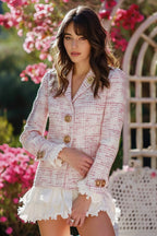 Light Pink Plaid 2 Piece Tweed Notched Lapel Ruffled Homecoming Outfits