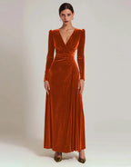 Olive Velvet A Line V-Neck Long Holiday Party Dress with Sleeves