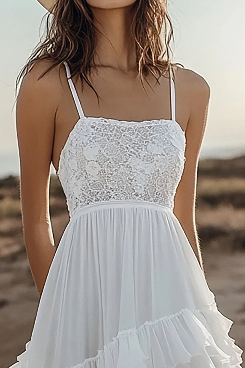Chiffon Ivory Tiered High-Low Boho Western Wedding Dress with Lace