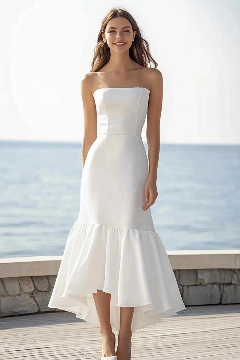 Simple Satin Strapless Ivory Maxi Rehearsal Dinner Dress