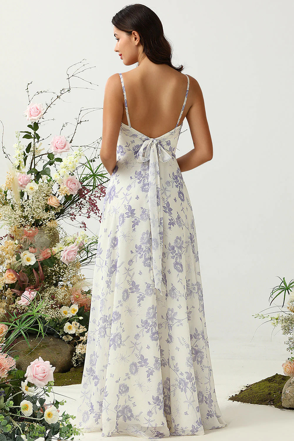 Spaghetti Straps Blue Floral Long Bridesmaid Dress