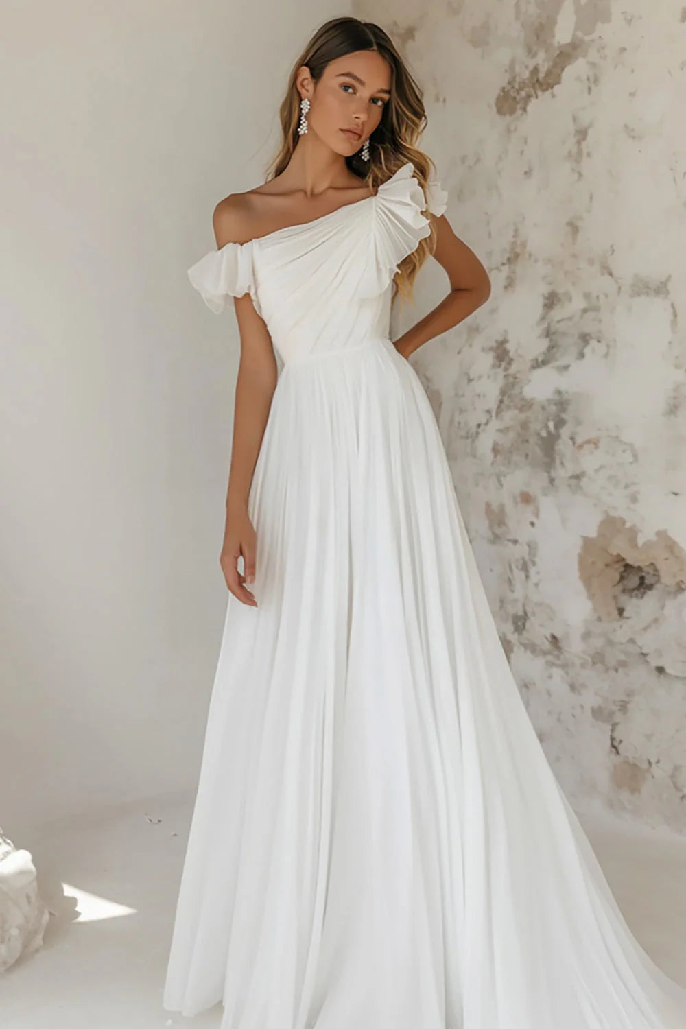 A Line Elegant White Tulle Rehearsal Dinner Dress with Ruffles