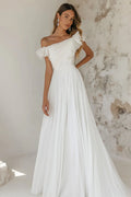 A Line Elegant White Tulle Rehearsal Dinner Dress with Ruffles