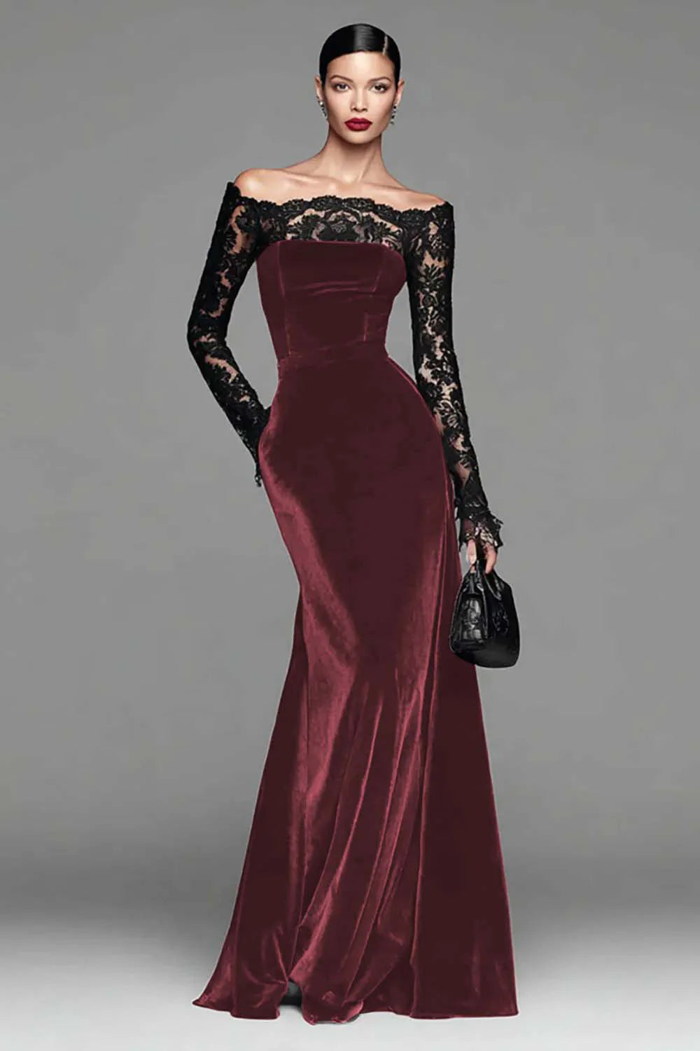 Burgundy Velvet Mermaid Long Sleeves Holiday Party Dress with Lace