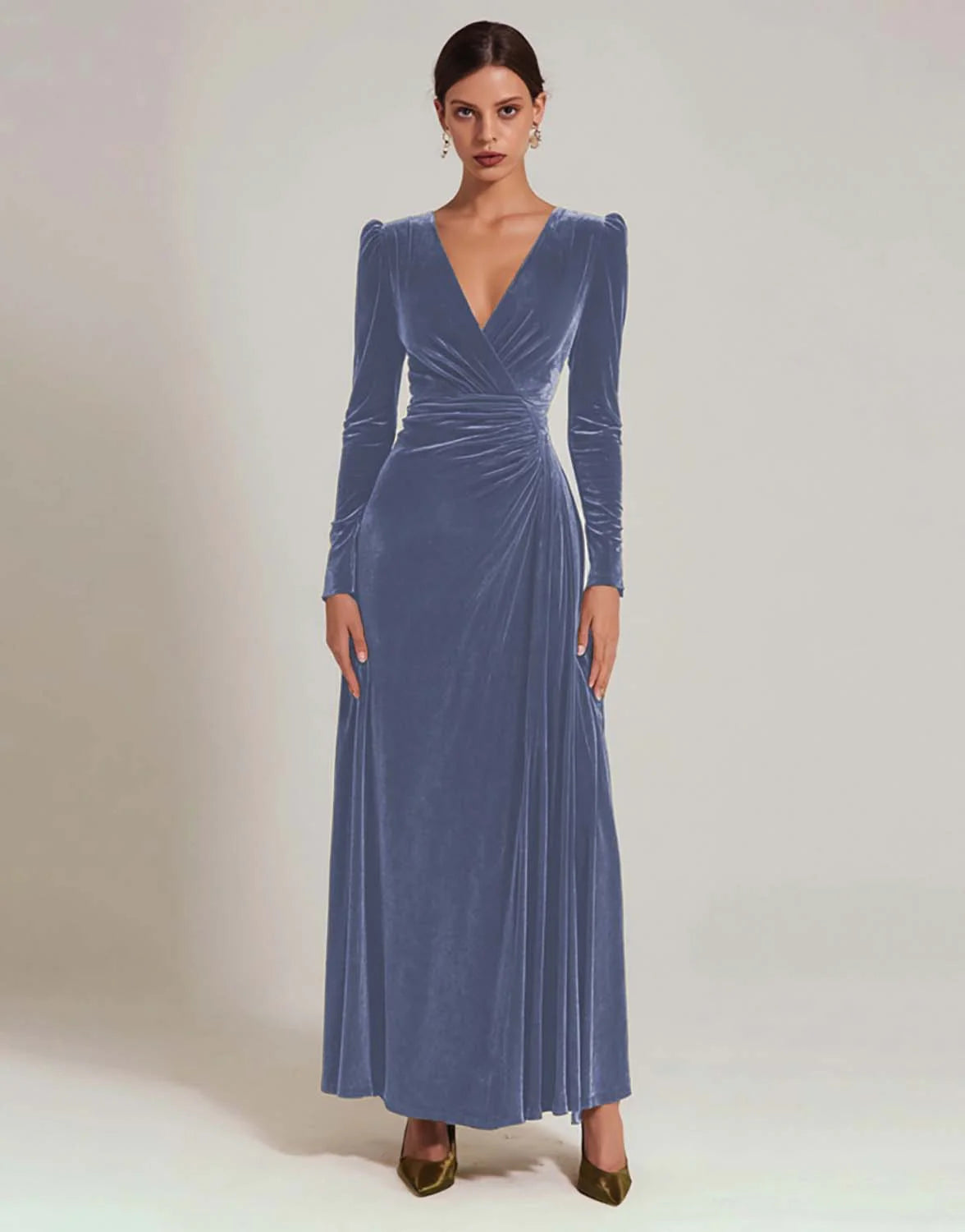 Olive Velvet A Line V-Neck Long Holiday Party Dress with Sleeves