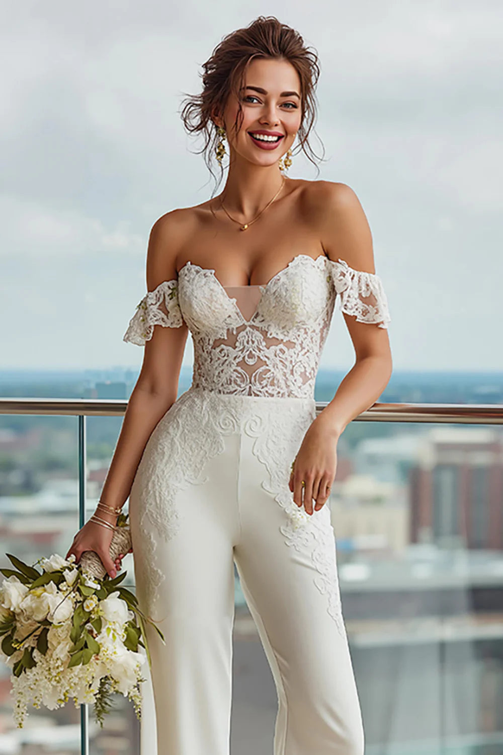 Ivory Off the Shoulder Backless Bridal Jumpsuits with Lace