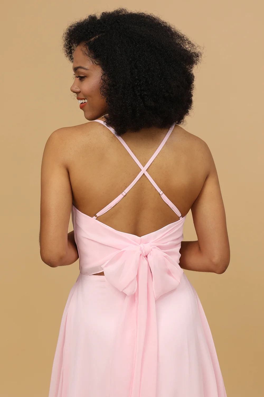 Spaghetti Straps Pink Chiffon Bridesmaid Dress with Pocket