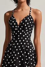 A Line Black and White Boho Chiffon Spaghetti Straps Midi Polka Dot Dress