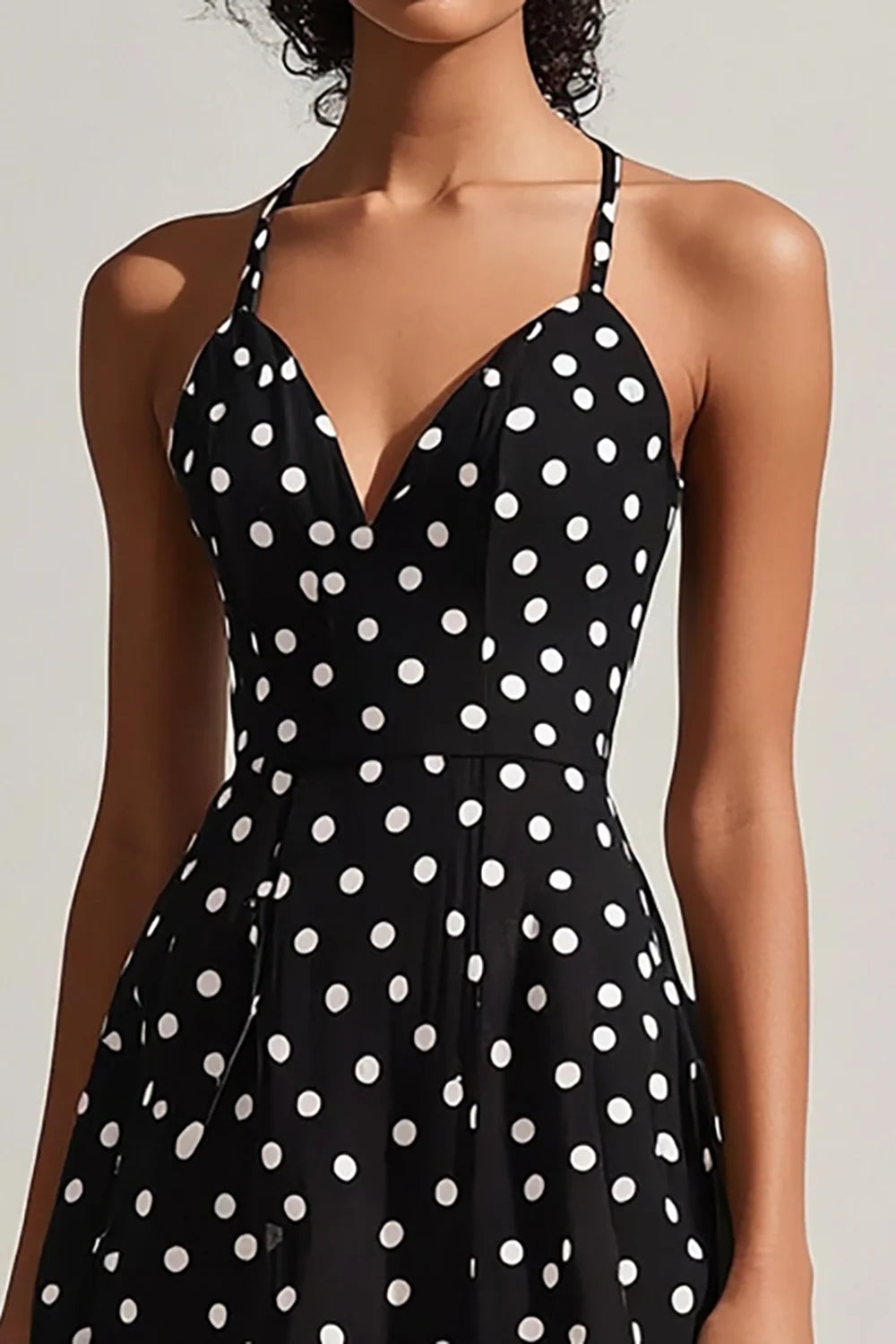 A Line Black and White Boho Chiffon Spaghetti Straps Midi Polka Dot Dress
