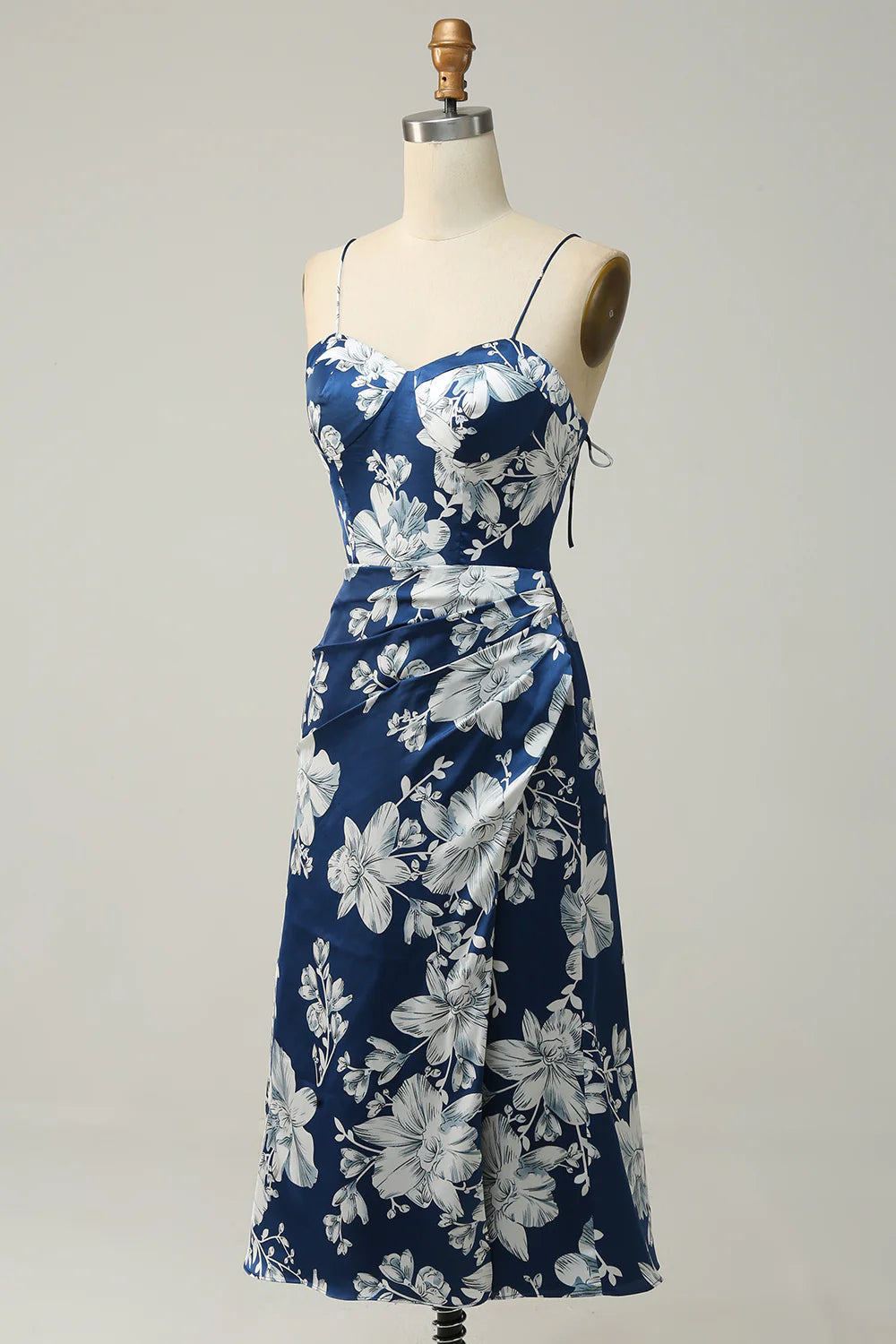 Spaghetti Straps Ink Blue Floral Bridesmaid Dress