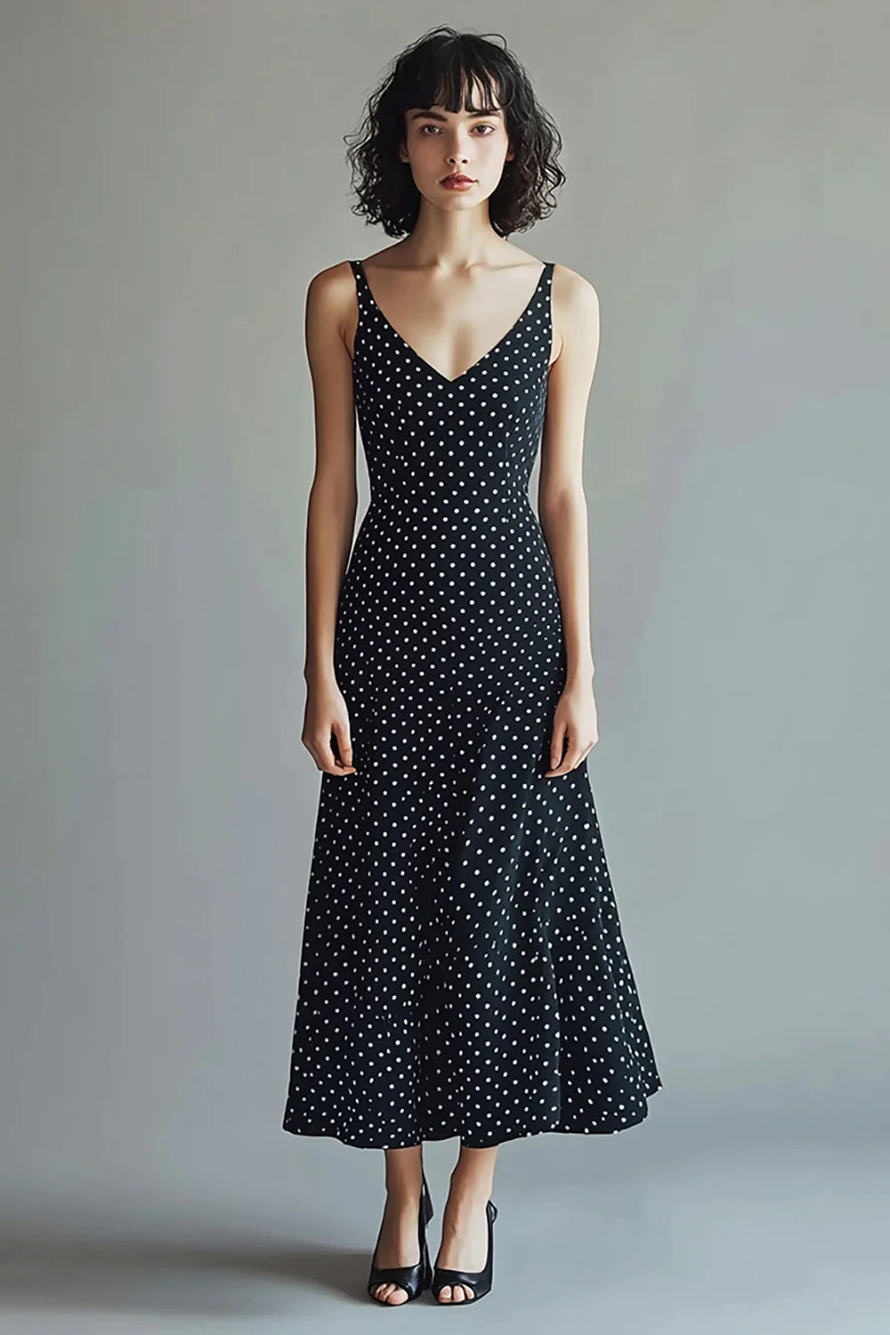 Chiffon Straps Black and White Maxi A Line Polka Dot Dress