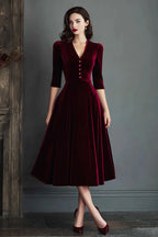 Burgundy V-Neck A Line Midi Velvet Holiday Party Dress