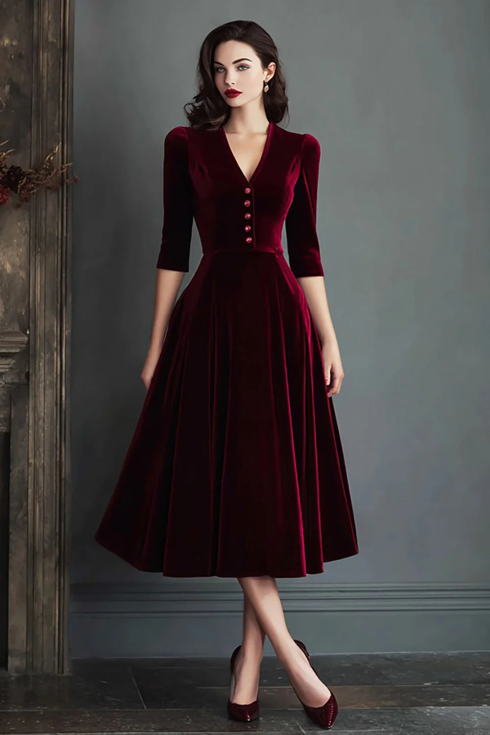 Burgundy V-Neck A Line Midi Velvet Holiday Party Dress