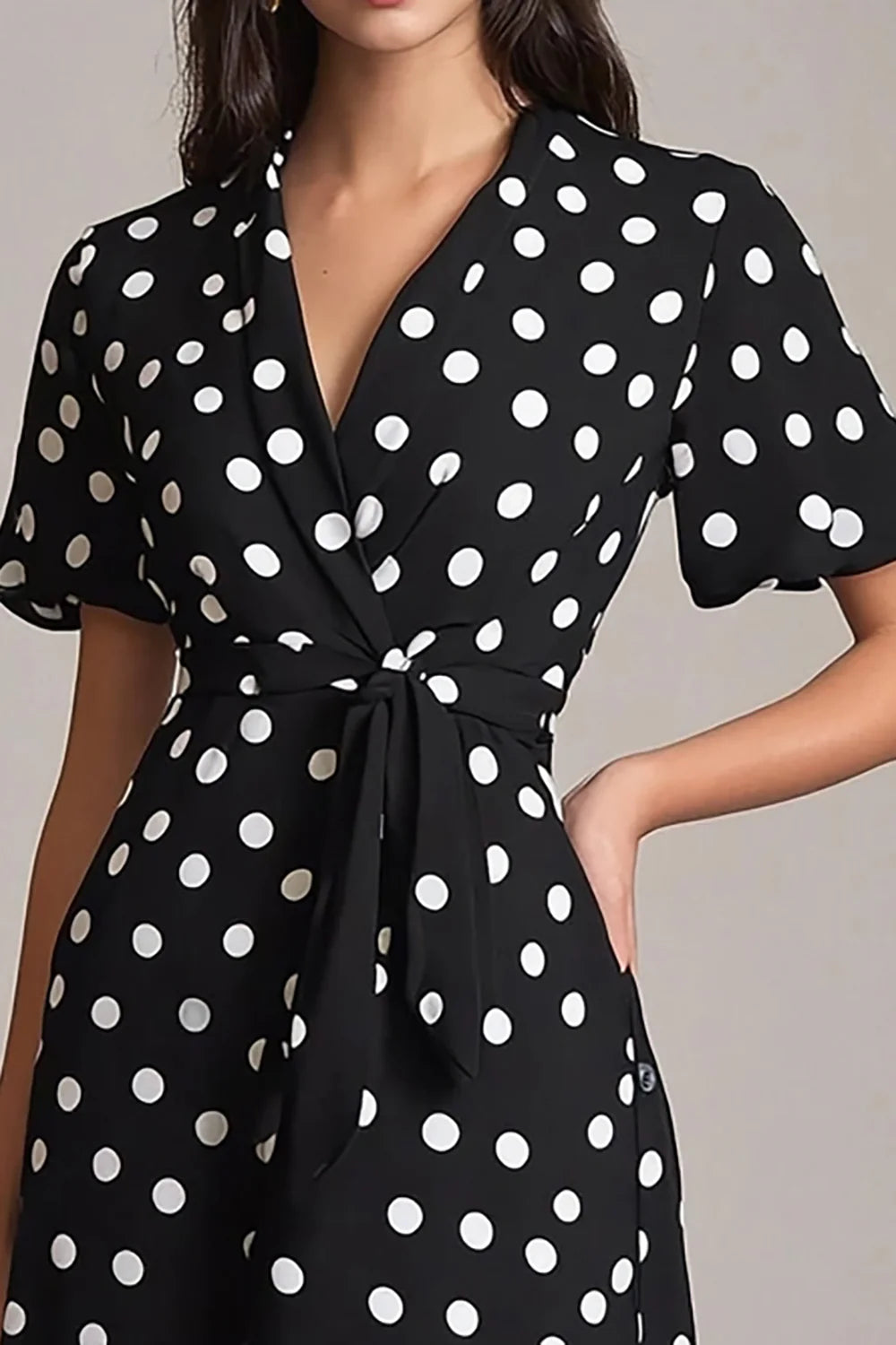 Satin Black and White Midi A Line Polka Dot Dress with Sleeves