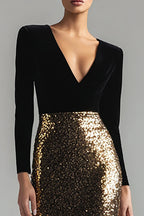 Sparkly Gold and Black Velvet V-Neck Long Holiday Party Dress with Sleeves