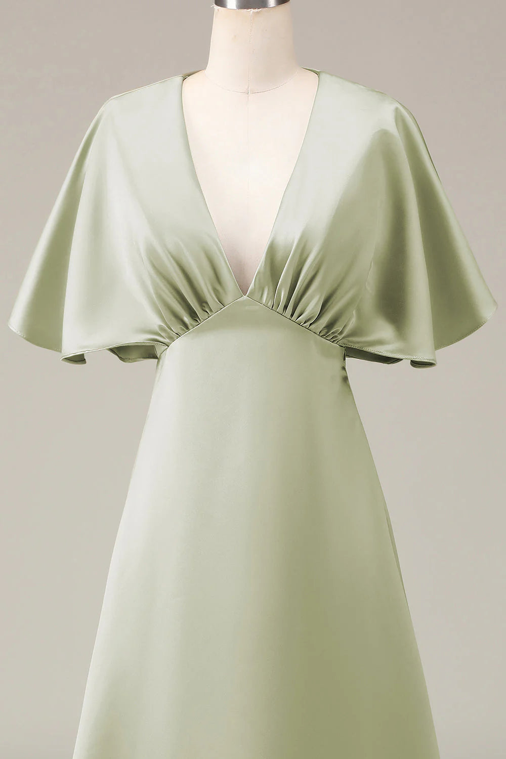 Dusty Sage V-neck Short Sleeves A-line Satin Bridesmaid Dress