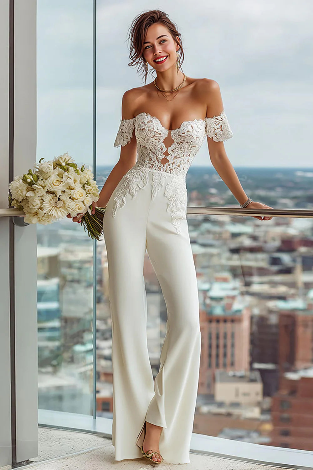 Simple White Sweetheart Bridal Jumpsuits with Lace