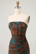 Peacock Green Velvet Mermaid Corset Long Wedding Guest Dress with Slit