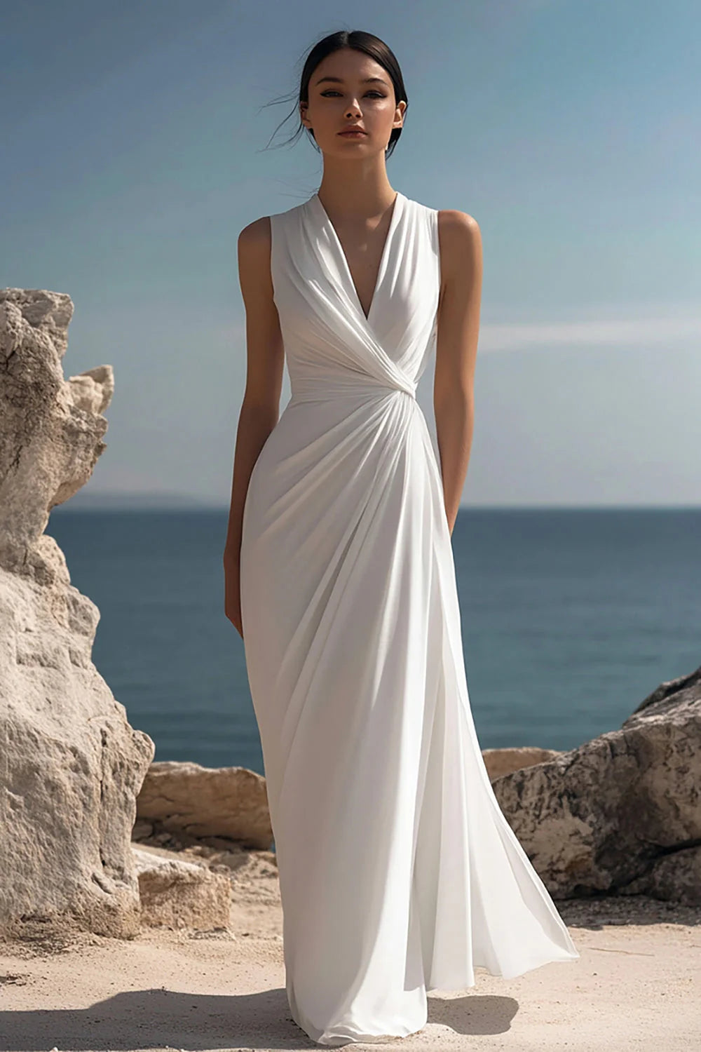 White Chiffon Sheath Sleeveless Long Rehearsal Dinner Dress