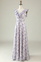 Blush Purple Flower Boho Chiffon Bridesmaid Dress