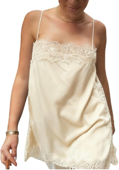Women Satin Lace Camisole Top Sleeveless Spaghetti Strap Silk Lace Trim Cami Top Asymmetrical Tank Top Streewear