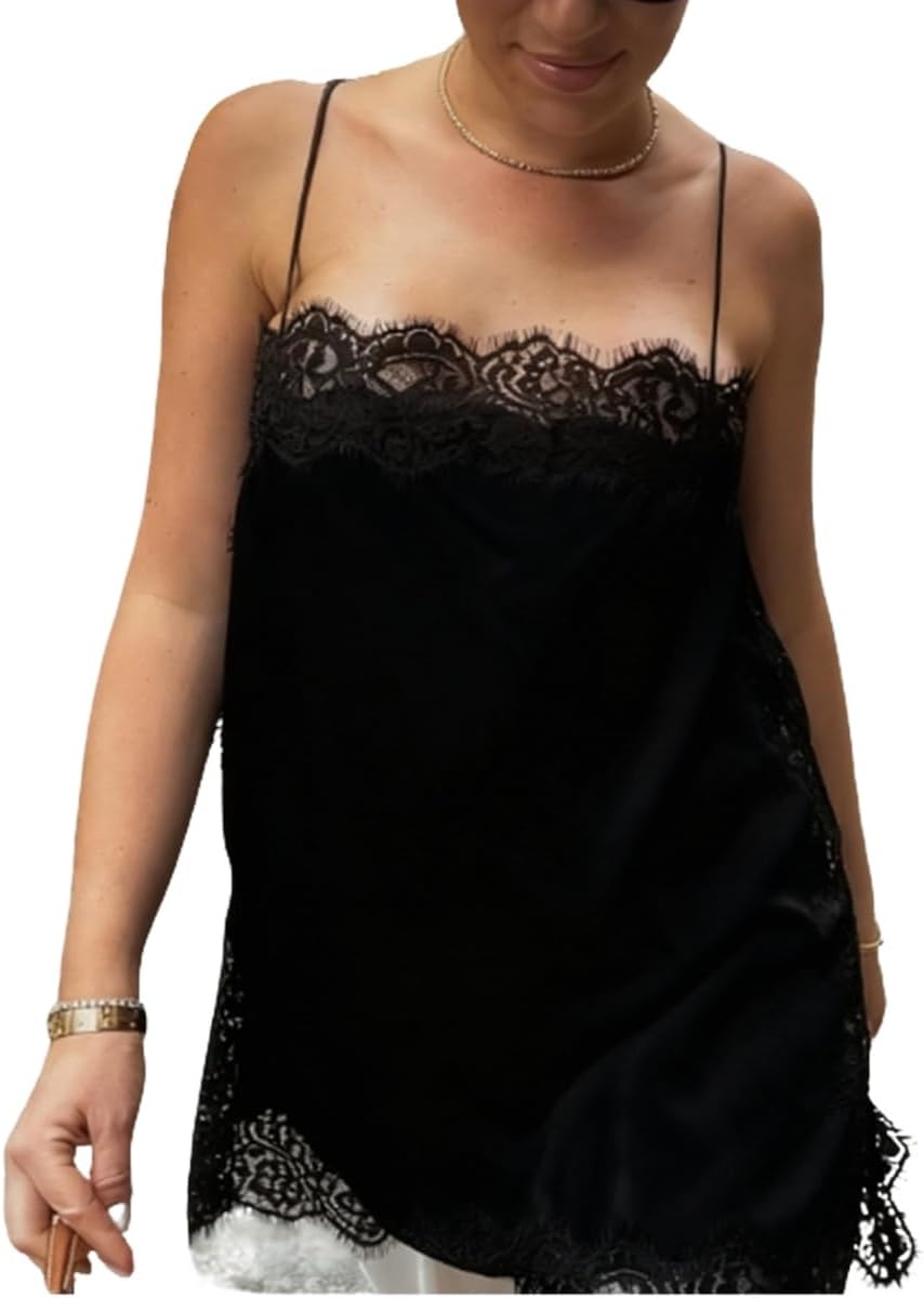 Women Satin Lace Camisole Top Sleeveless Spaghetti Strap Silk Lace Trim Cami Top Asymmetrical Tank Top Streewear