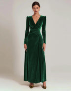Olive Velvet A Line V-Neck Long Holiday Party Dress with Sleeves