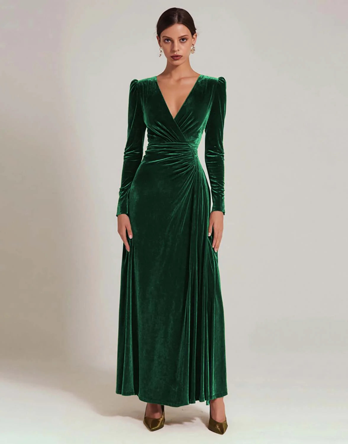 Olive Velvet A Line V-Neck Long Holiday Party Dress with Sleeves
