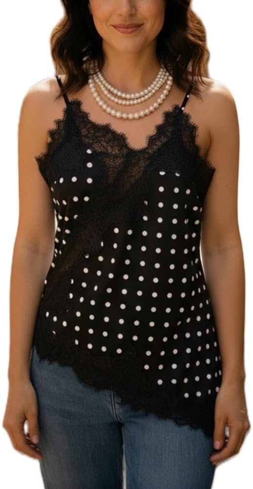 Women Satin Lace Camisole Top Sleeveless Spaghetti Strap Silk Lace Trim Cami Top Asymmetrical Tank Top Streewear