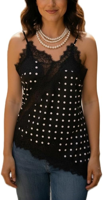 Women Satin Lace Camisole Top Sleeveless Spaghetti Strap Silk Lace Trim Cami Top Asymmetrical Tank Top Streewear