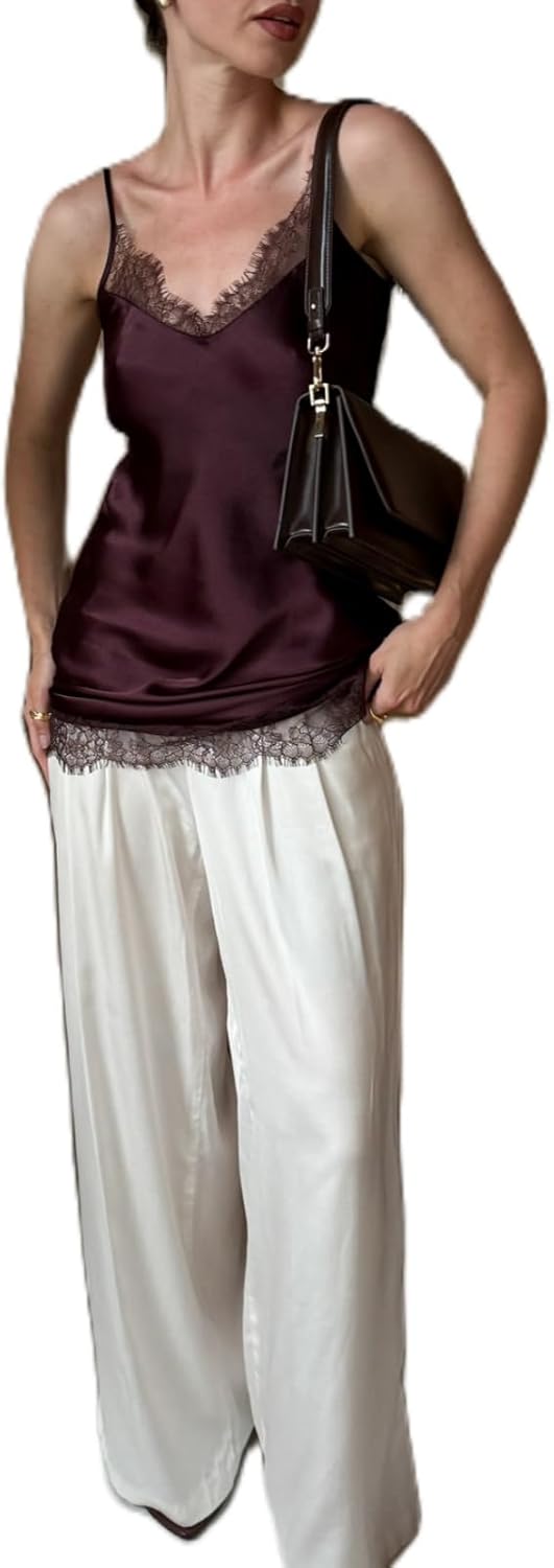 Women Satin Lace Camisole Top Sleeveless Spaghetti Strap Silk Lace Trim Cami Top Asymmetrical Tank Top Streewear