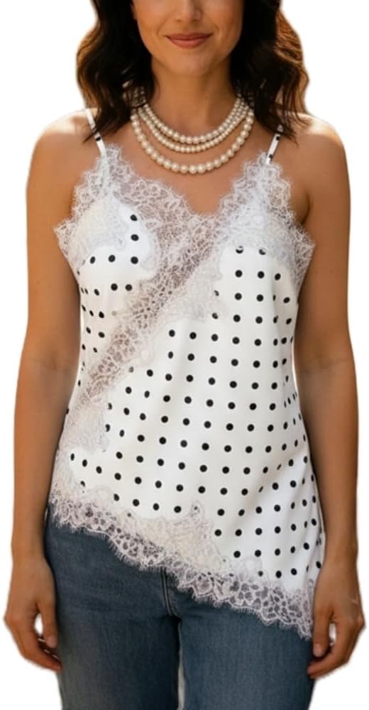 Women Satin Lace Camisole Top Sleeveless Spaghetti Strap Silk Lace Trim Cami Top Asymmetrical Tank Top Streewear