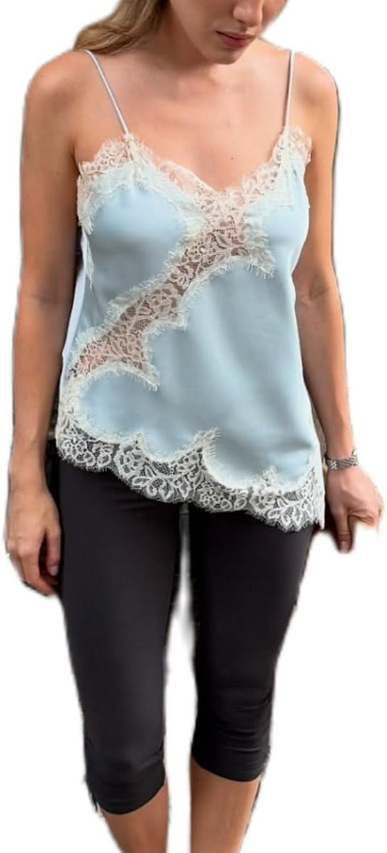 Women Satin Lace Camisole Top Sleeveless Spaghetti Strap Silk Lace Trim Cami Top Asymmetrical Tank Top Streewear